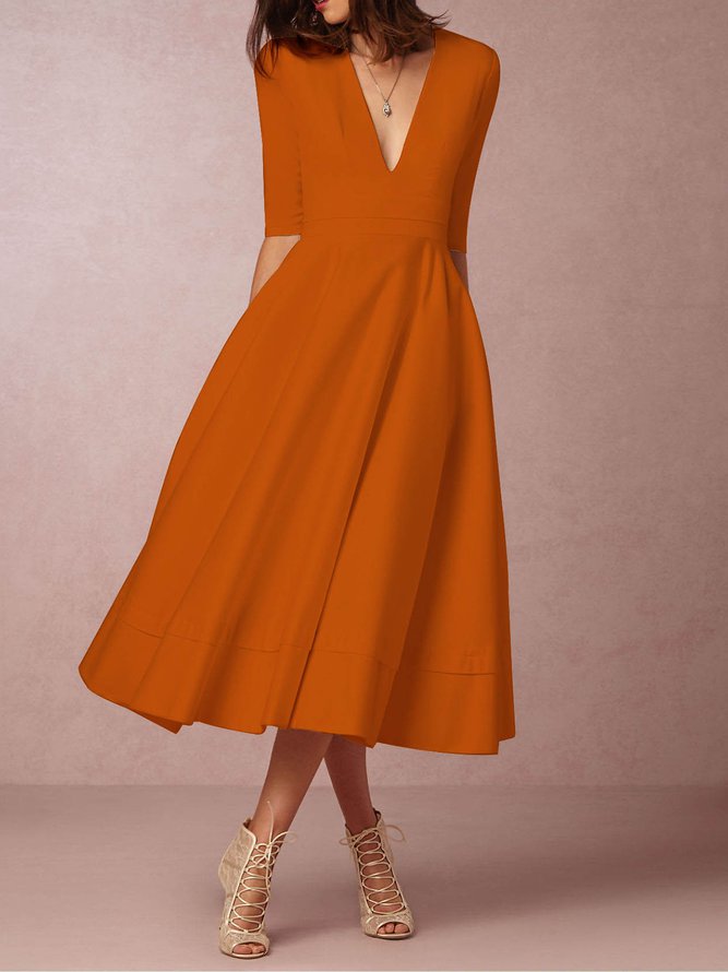 Women Deep V Neck 3/4 Sleeve Paneled Solid Elegant Swing Prom Dress