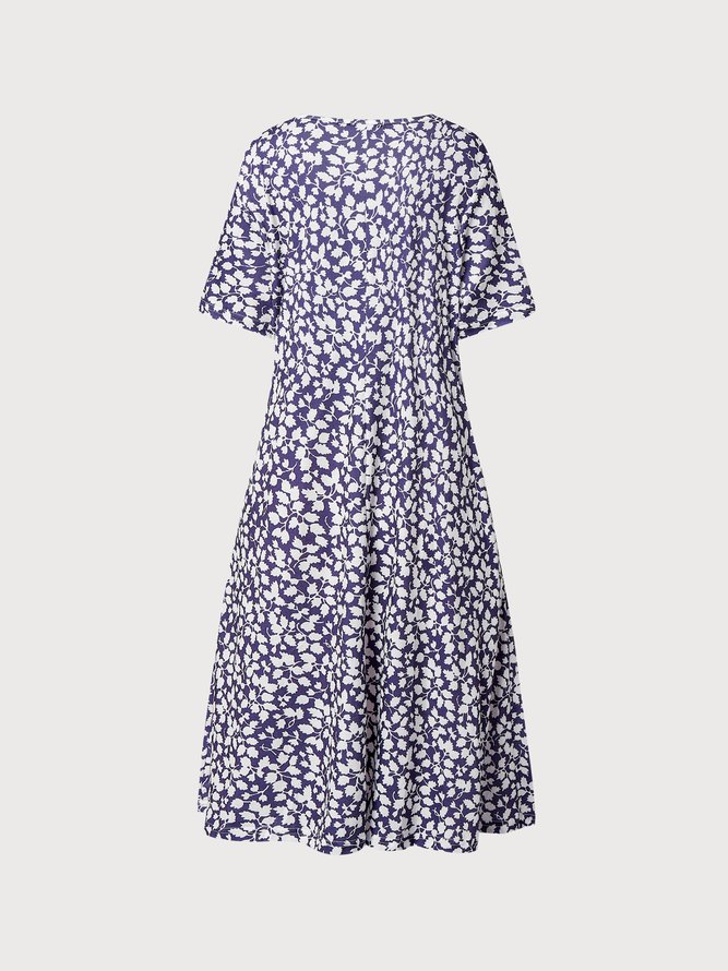 Round Neck Pockets Floral Casual Midi Prom Dress