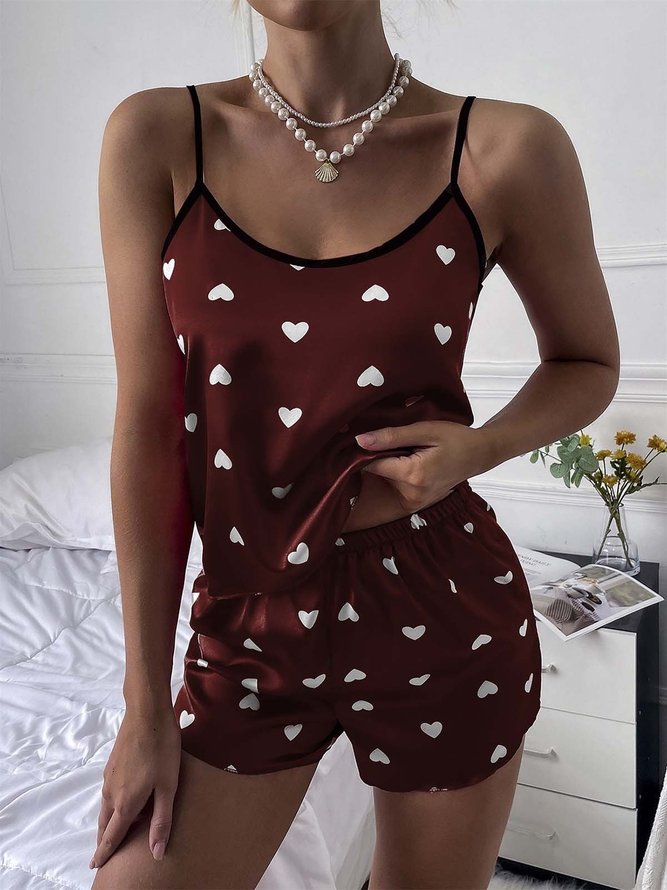 Floral Heart Printing Elegant Silk Pajama Set