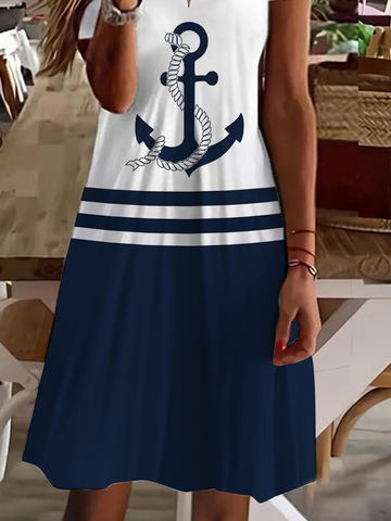 Casual Anchor Sea Loose V Neck Dress