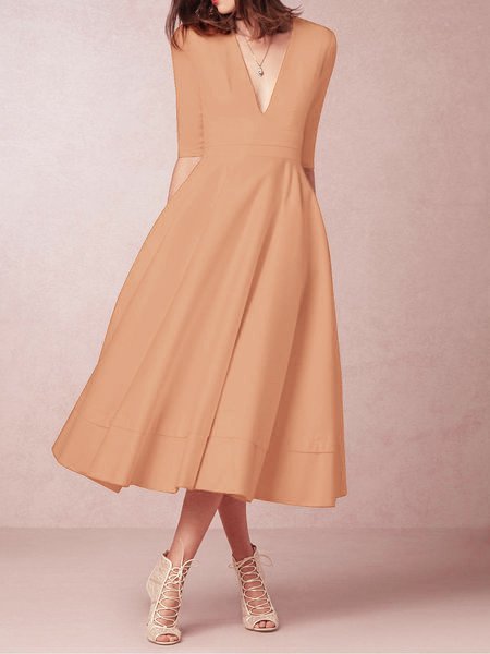 Women Deep V Neck 3/4 Sleeve Paneled Solid Elegant Swing Prom Dress