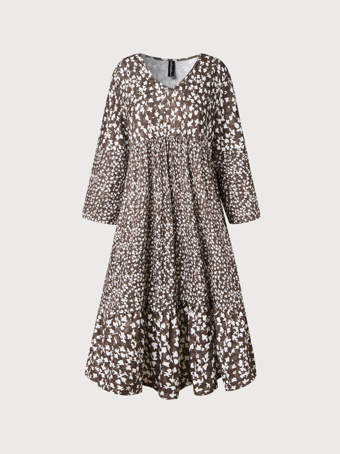 Brown Three Quarter V Neck Floral Shining Midi Smock Dress