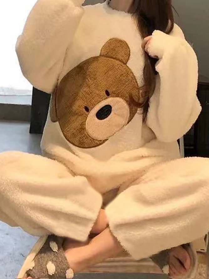 Flannel Cute Cartoon Bear Pajamas Long Sleeve Pants Loungewear Set Plus Size