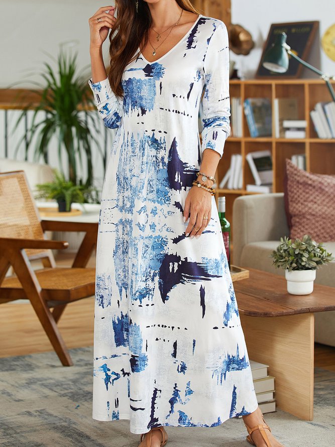 Geometric V Neck Casual Dress