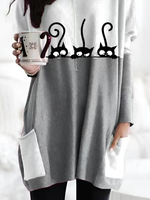 Cat Casual Batwing Sleeve Crew Neck Dress