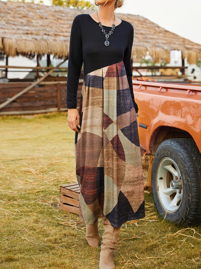 Colorblock Casual Crew Neck Dress