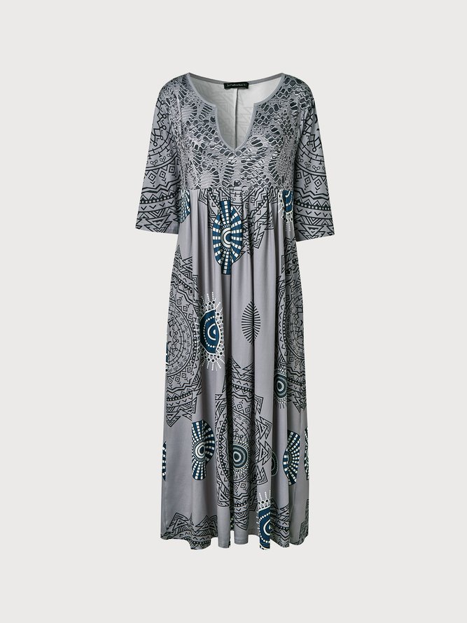 V Neck Loose Ethnic Midi Dress