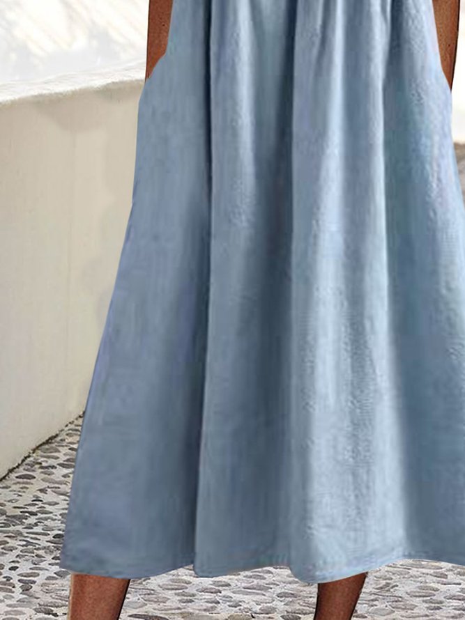Crew Neck Plain Loose Pocket Long Midi Dress