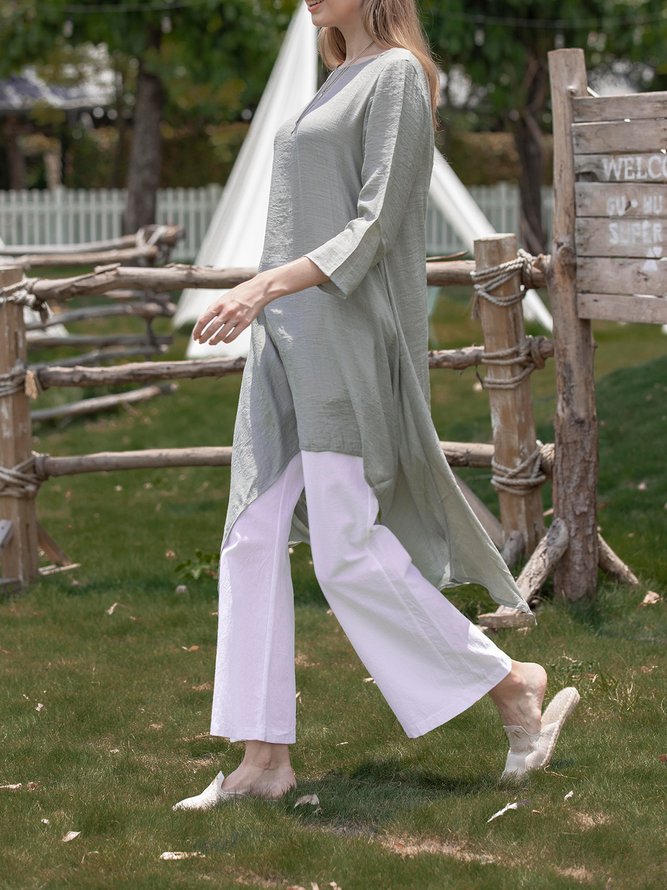 Women Summer Linen 3/4 Sleeve Daytime Crew Neck Asymmetric Dress