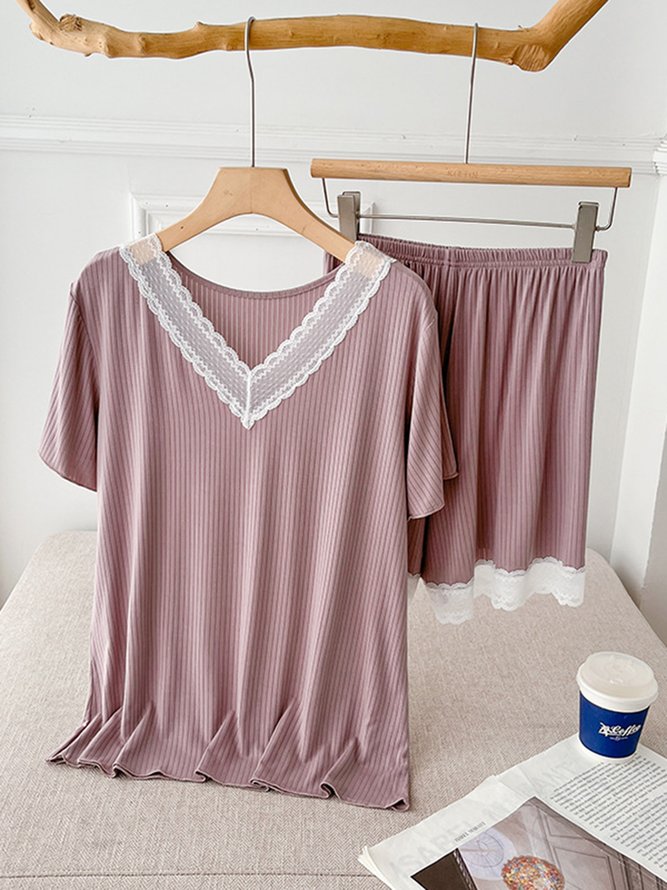 V Neck Lace Casual Homewear Set