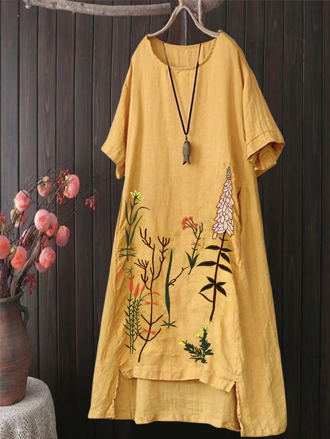 Floral Casual Embroidery Crew Neck Dress