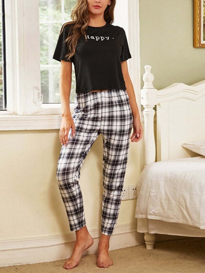 Check Cherry Print Casual Loose Pajama Set
