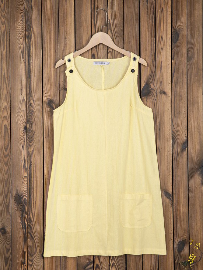 Round Neck Sleeveless Buttoned Plain Causal Mini Dresses