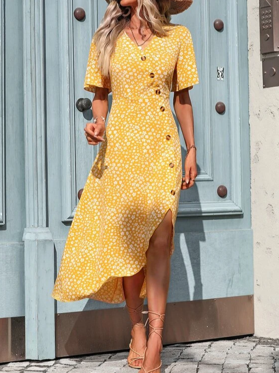 Ditsy Floral V Neck Ditsy Loose Geometric Vacation Dress