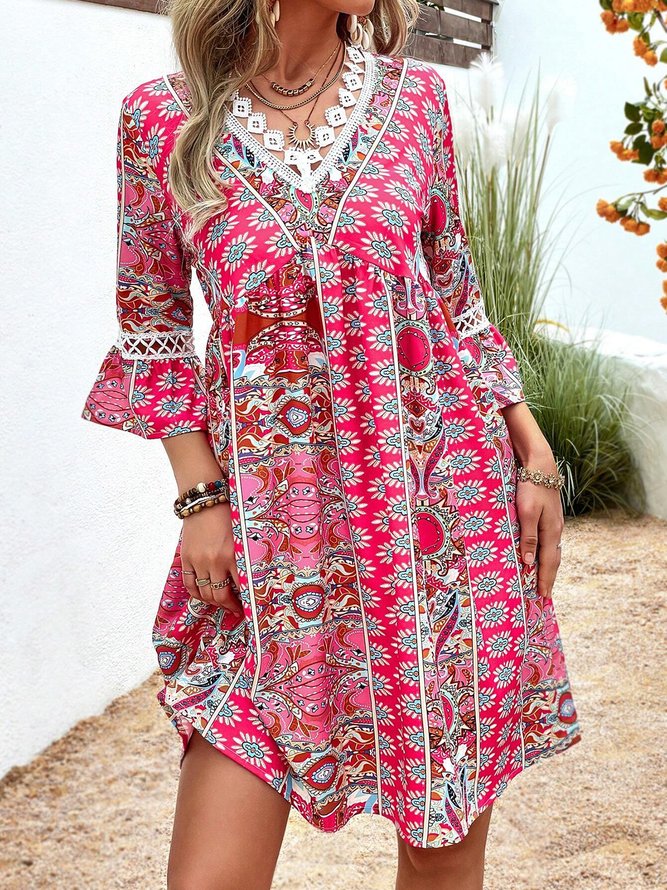 Womens V Neck Ethnic Boho Dress