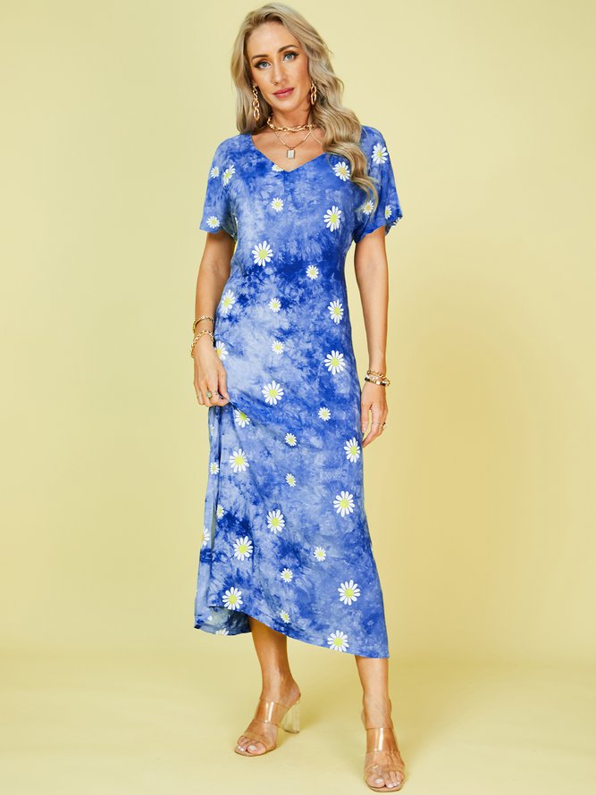 Blue Purple Ombre/tie-Dye Short Sleeve Shift Crew Neck Knitting Dress