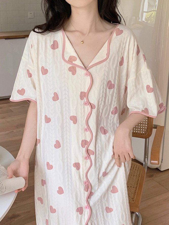 Breathable Comfortable Heart Print Texture Fabric V Neck Lapel Loose Nightdress