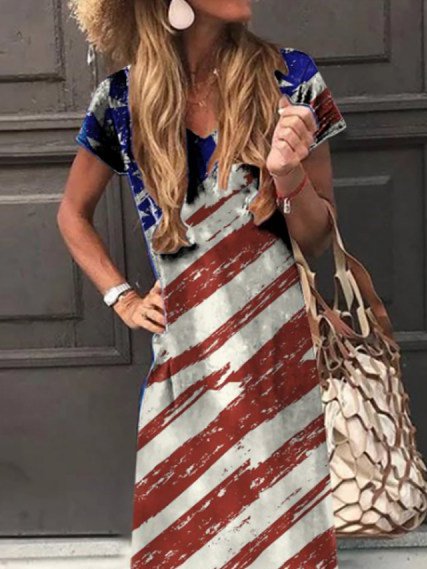 Short Sleeve Casual Holiday V Neck Flag Printed Knitting Dress