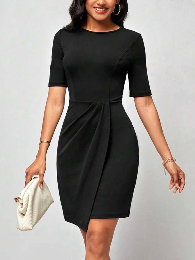 Crew Neck Loose Elegant Black Half Sleeve Sheath Solid Tulip Hem Fitted Dress