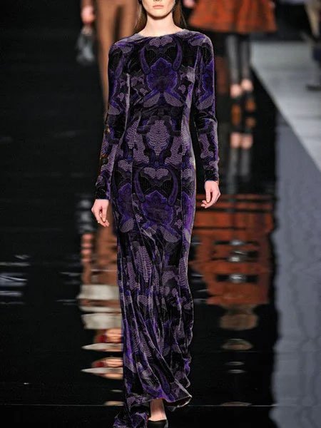 Velvet Printed Color-block Long Sleeve Knitting Dress