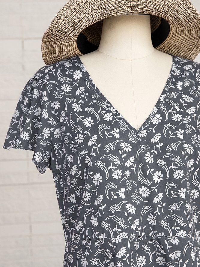 V Neck Floral Short Sleeve Casual Mini Dress