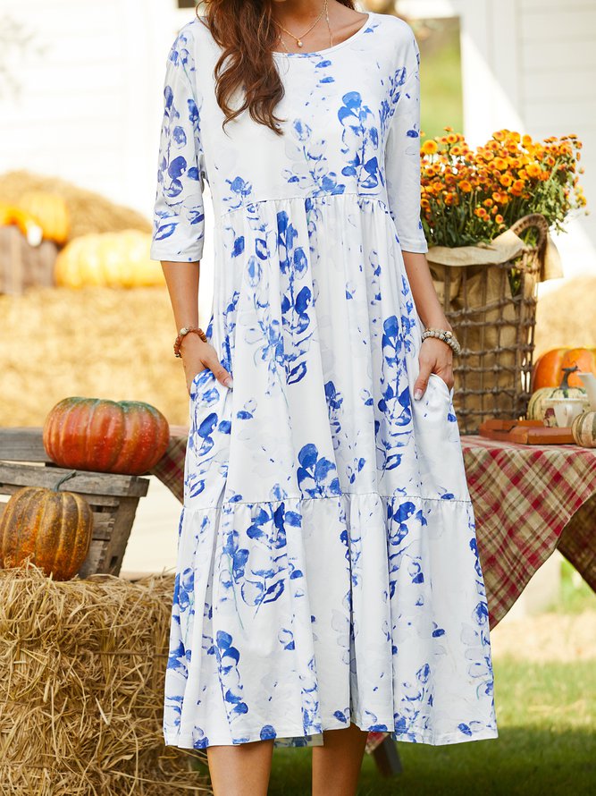 Crew Neck Casual Regular Sleeve Floral Dress