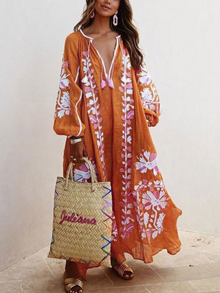 Balloon Sleeves Boho Printed Maxi Dress