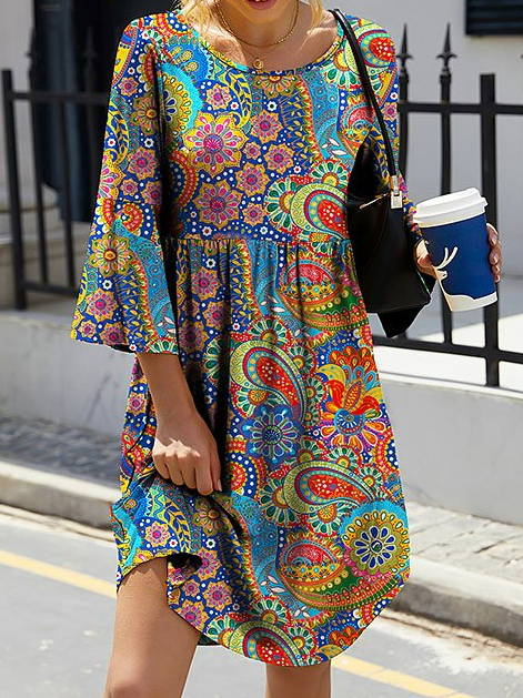 Women's Smock Dress Paisley Midi Dress Round Neck Flare Sleeve Casual Midi Smock Dress