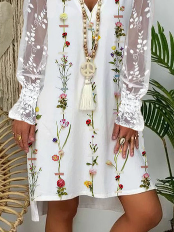 V Neck Floral Cotton Blends Long sleeve women Prom Dress