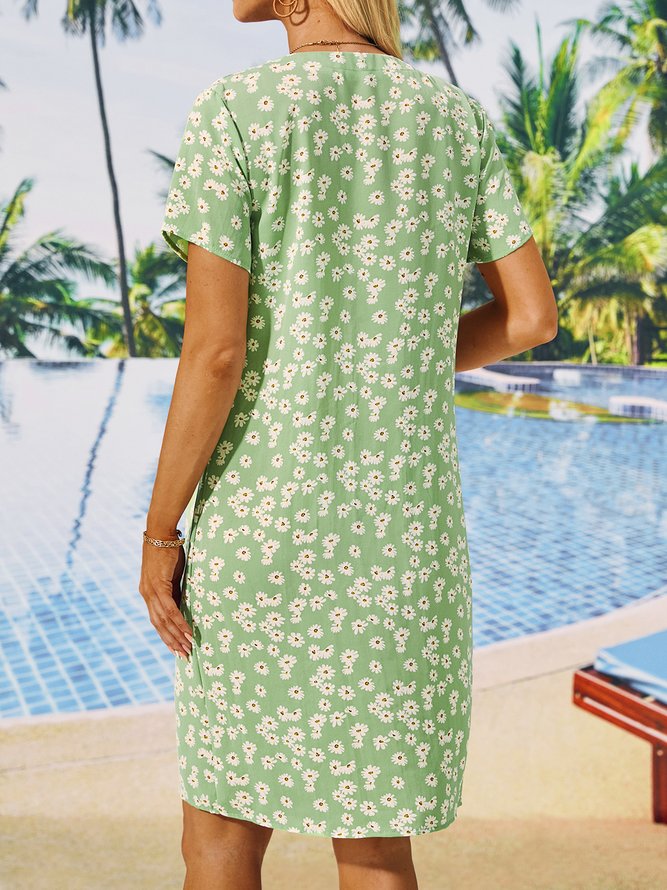 Daisy Print Short Sleeve V Neck Casual Weaving Dress