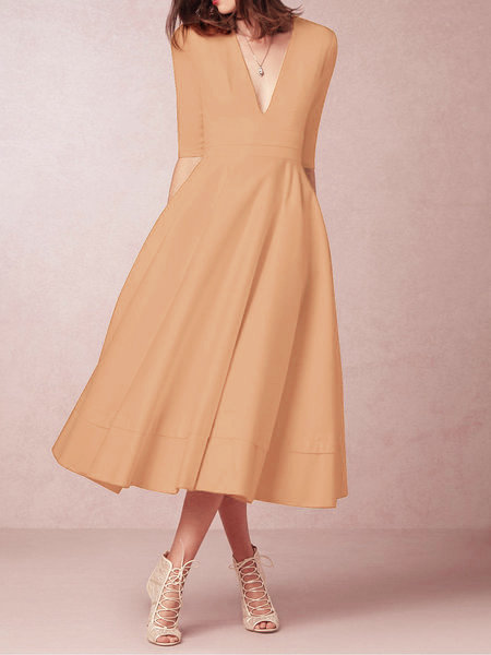 Women Deep V Neck 3/4 Sleeve Paneled Solid Elegant Swing Prom Dress