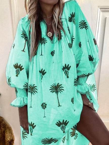 Women Casual Sundress Sexy V-neck Lantern Sleeve Floral Print Elegant Loose Bohemian Beach Dress