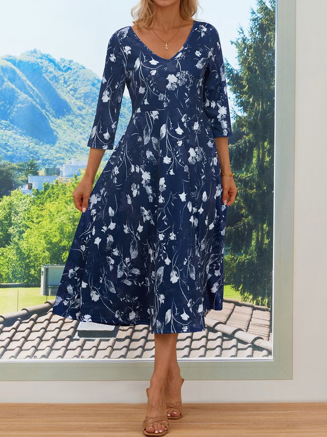 Elegant V Neck Floral Swing Dress