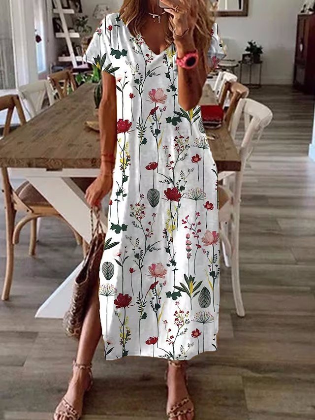 Loose Floral Casual Crew Neck Dress