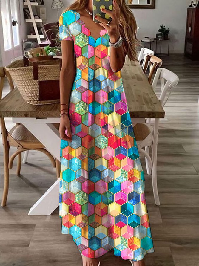 V Neck Geometric colorblock Casual Maxi Dress