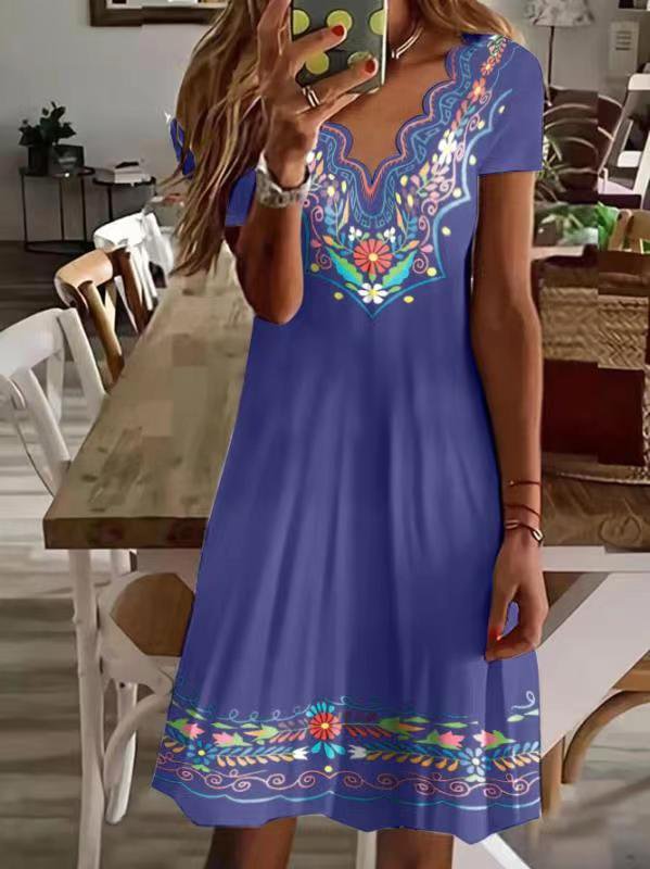 V Neck Tribal Black Vacation Casual Mini Dress