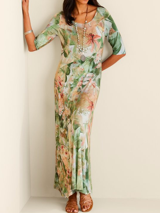 Floral Loose Crew Neck Vacation Dress