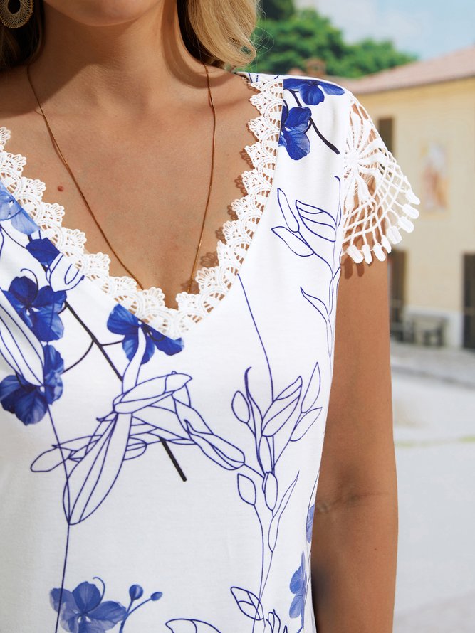 Vacation Floral Lace V Neck Dress