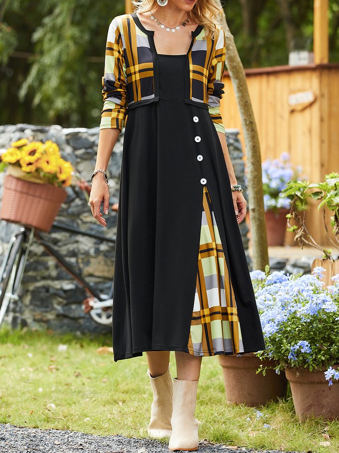 Color Block Tunic Round Neckline Fake Two Piece Midi A-line Dress