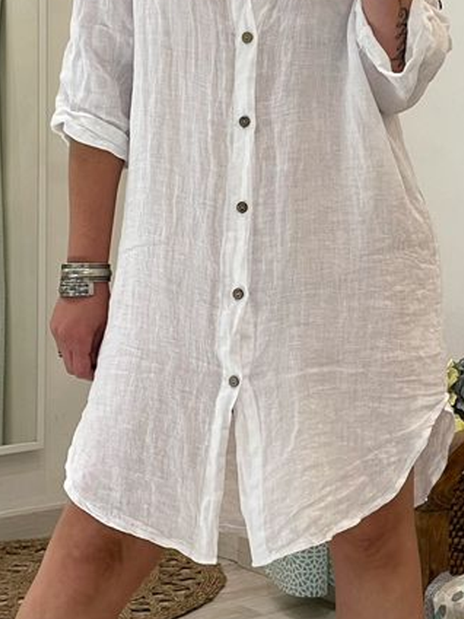Buttoned Linen Shirt Collar Loose Dress
