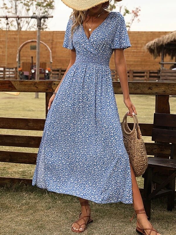 Vacation Loose Cross Neck Floral Summer Dress