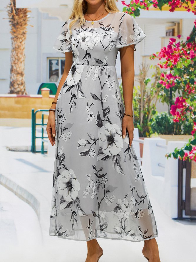 Regular Fit Crew Neck Zipper Vacation Dress