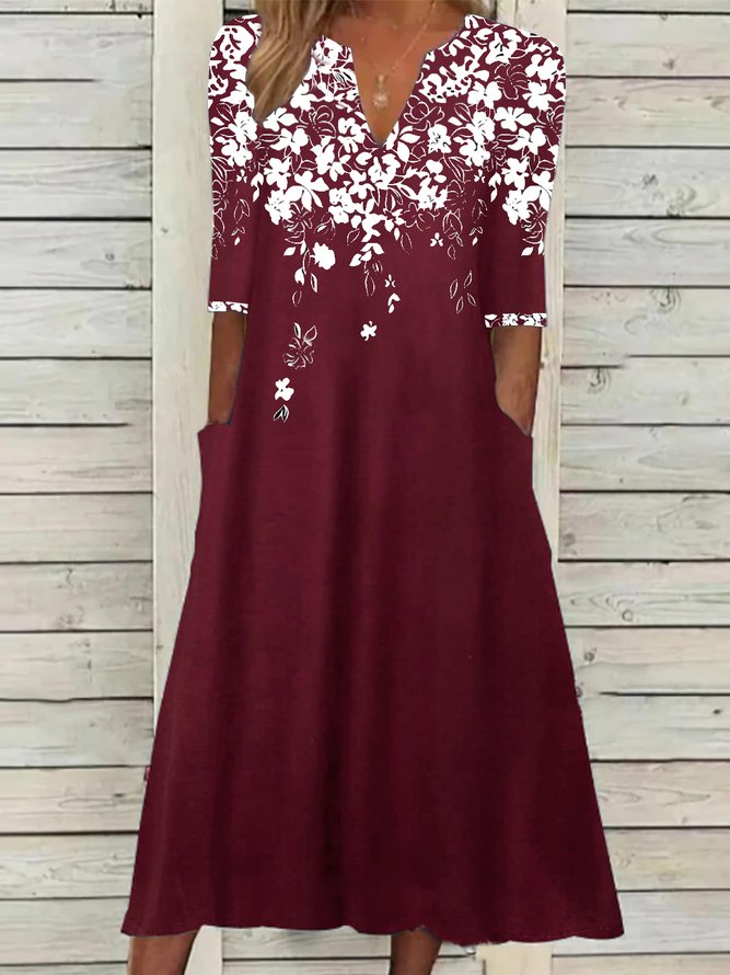 Elegant Henley Neck Loose Floral A-Line Half Sleeve Dress