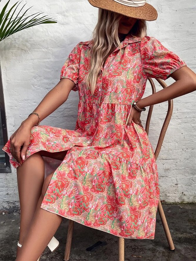 Vacation Buttoned Floral Loose Dress