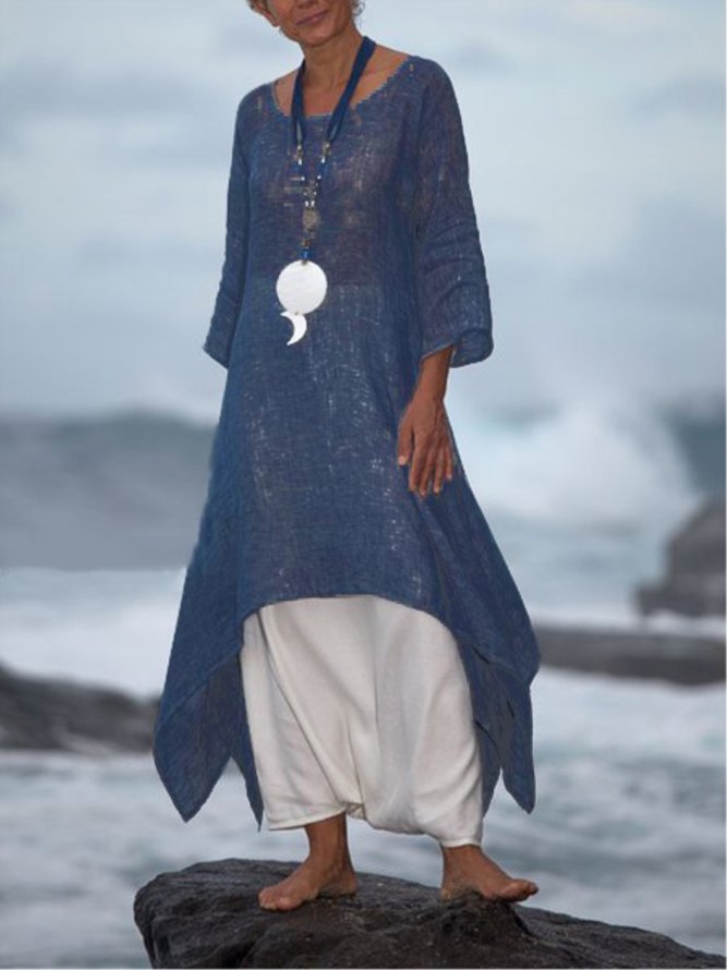 Women Summer Linen 3/4 Sleeve Daytime Crew Neck Asymmetric Dress