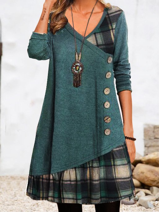 V Neck Geometric Casual Daily Long sleeve A-Line Buttoned Midi Dress