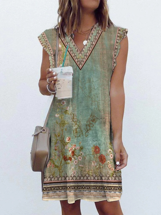 Ethnic V Neck Boho Loose Summer Dress