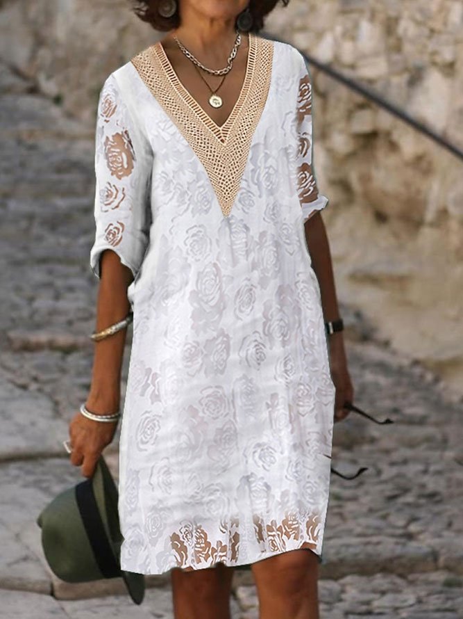 Simple Loose Plain V Neck Dress