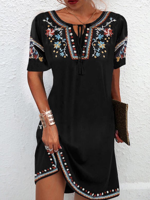 Crew Neck Tribal Vacation Mini Prom Dress