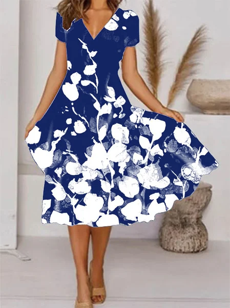 V Neck Floral Vacation Midi Prom Dress